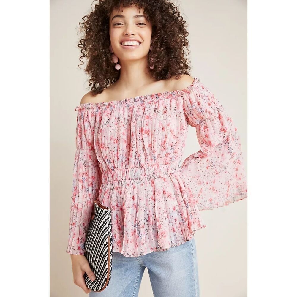 Ranna Gill Blouse Women Small Pink Floral Pleated Flare Sleeve Romantic Fairy